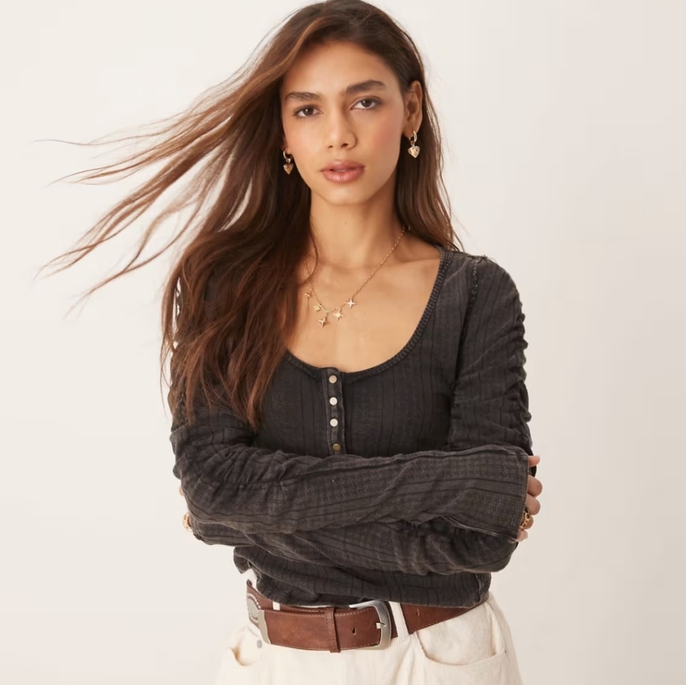 Free People Ruched Sleeve Pointelle Henley Top Washed Black Small